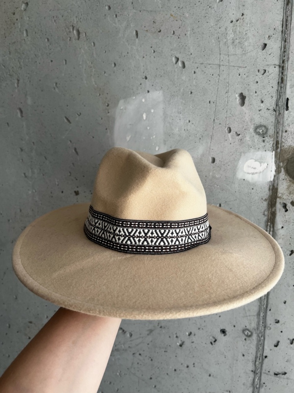 Wide Brim Fedora Hat in Beige with Patterned Band